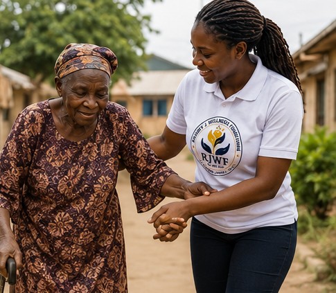 RJWF volunteer gently assisting an elderly woman